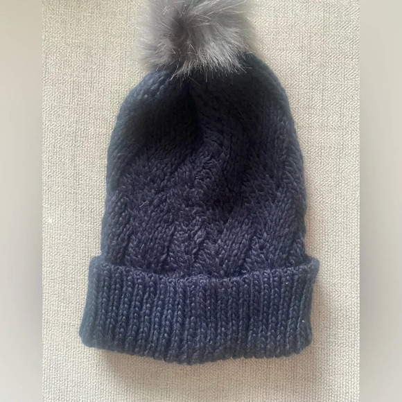 NWT “Empowered Women Empower Women” Navy Knit Beanie with Fur Pom Pom One Size - Picture 2 of 7